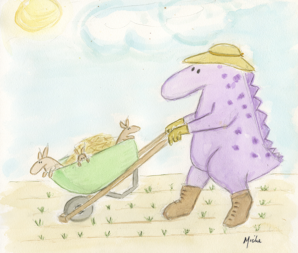 Purple dinosaur pushes wheel barrow - Self-Care