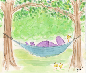 Dinosaur resting in hammock
