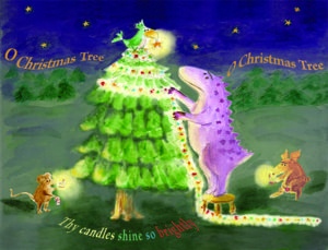 Critters trim a Christmas tree